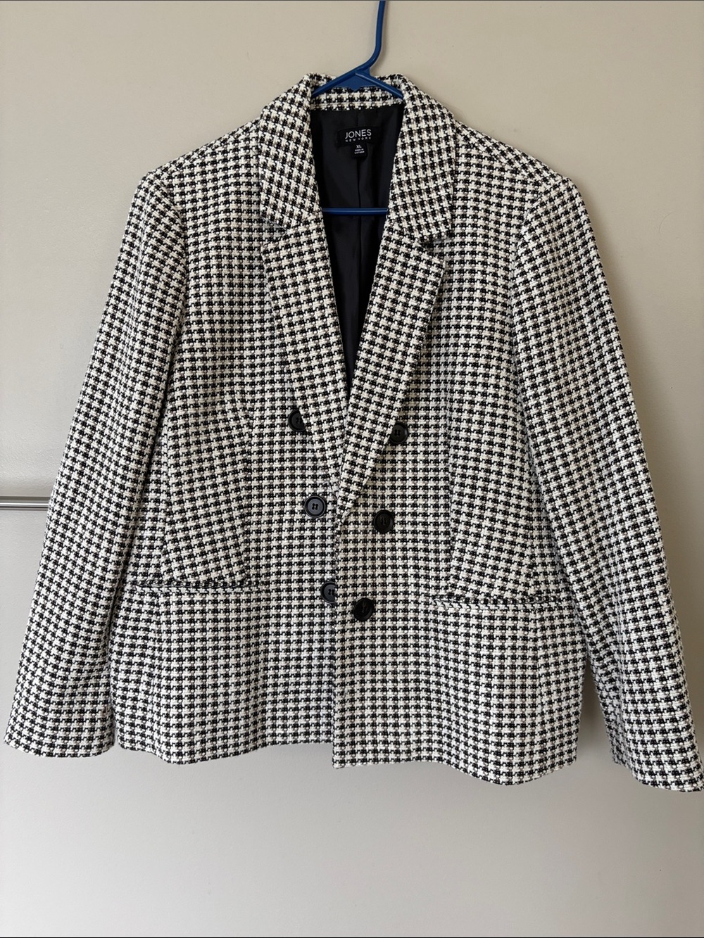 Jones New York Black and White Houndstooth Double-Breasted Blazer
